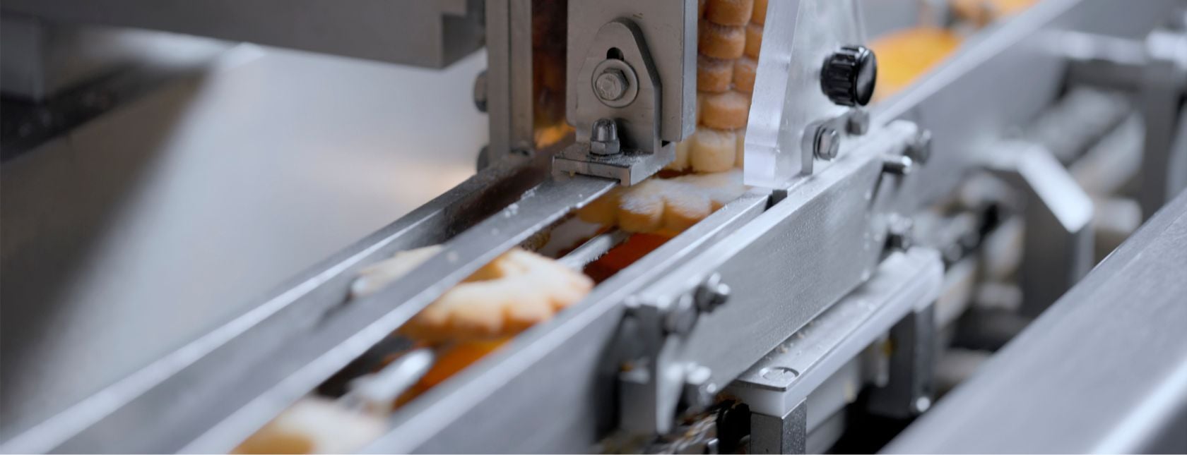 Cookies passing through machine in baking factory